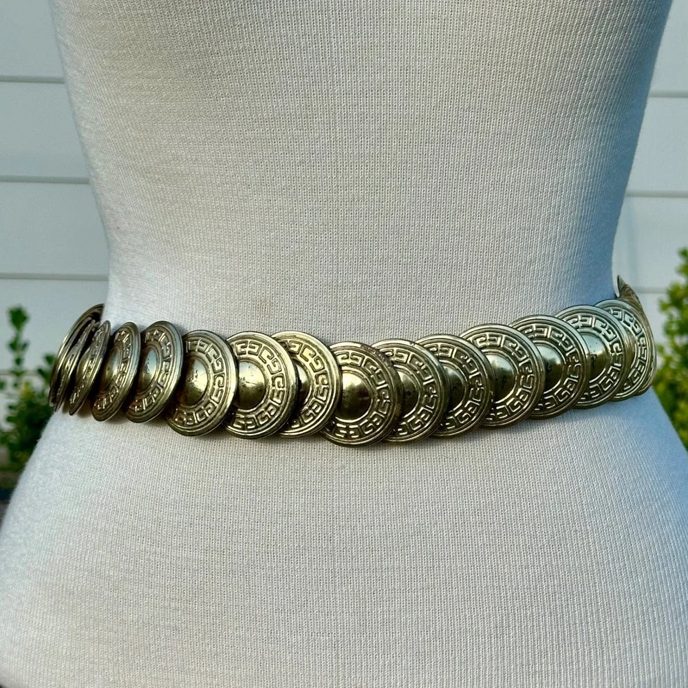 Vintage Gold Medallion Greek Key Stretch Belt Elastic Waist Cinch Statement